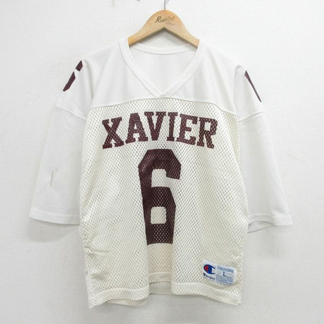 Champion(チャンピオン)のXL★古着 チャンピオン Champion 半袖 ビンテージ フットボール Tシャツ メンズ 90年代 90s XAVIER 6 メッシュ地 Vネック USA製 白他 ホワイト ユニフォーム ゲームシャツ 24may14 中古 メンズのトップス(Tシャツ/カットソー(半袖/袖なし))の商品写真