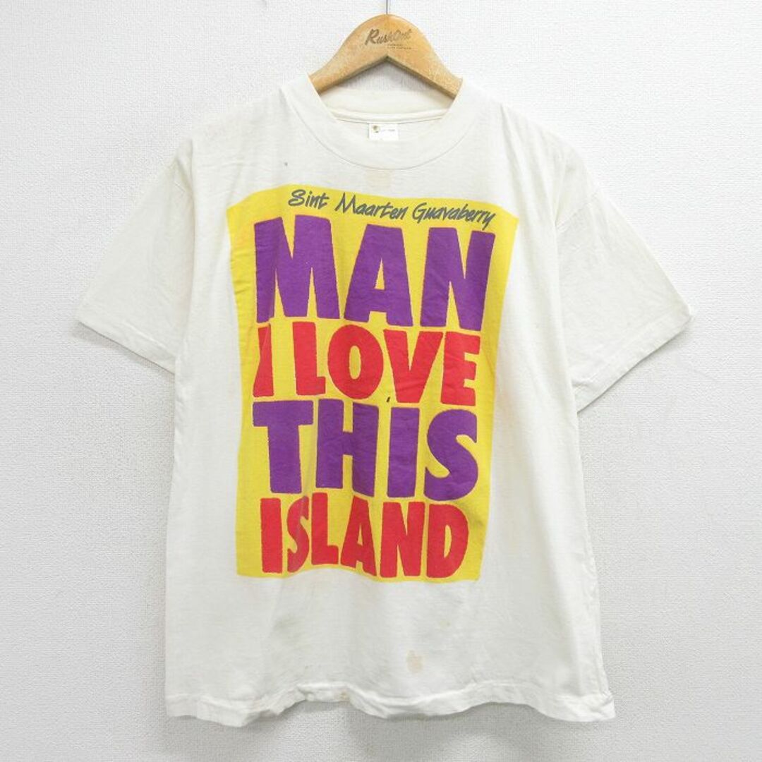 L★古着 半袖 ビンテージ Tシャツ メンズ 90年代 90s MAN I LOVE THIS SLAND コットン クルーネック 白 ホワイト 24may14 中古 メンズのトップス(Tシャツ/カットソー(半袖/袖なし))の商品写真