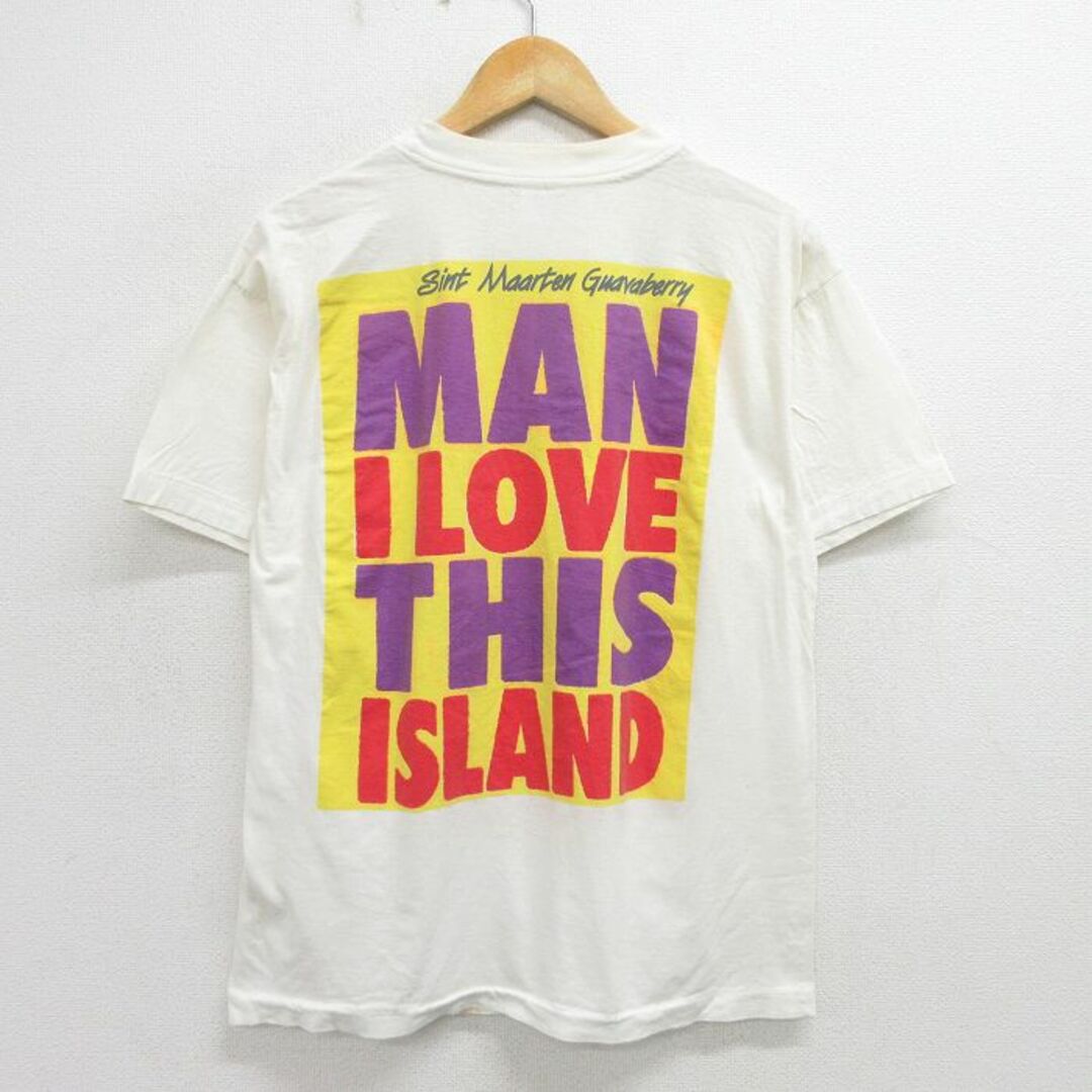 L★古着 半袖 ビンテージ Tシャツ メンズ 90年代 90s MAN I LOVE THIS SLAND コットン クルーネック 白 ホワイト 24may14 中古 メンズのトップス(Tシャツ/カットソー(半袖/袖なし))の商品写真