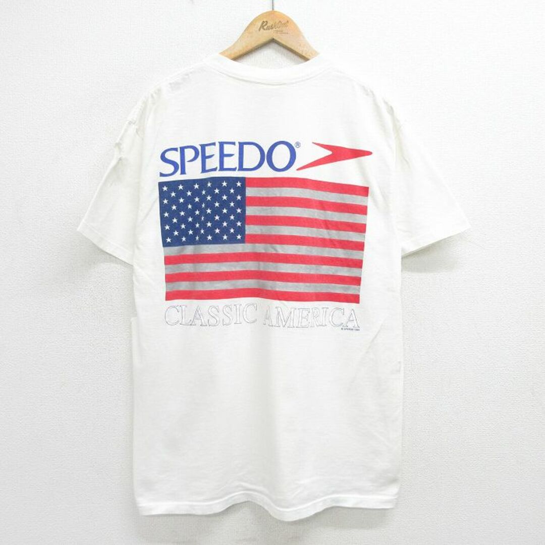 L★古着 スピード SPEEDO 半袖 ビンテージ Tシャツ メンズ 90年代 90s 星条旗 ボロ コットン クルーネック USA製 白 ホワイト 【spe】 24may14 中古 メンズのトップス(Tシャツ/カットソー(半袖/袖なし))の商品写真