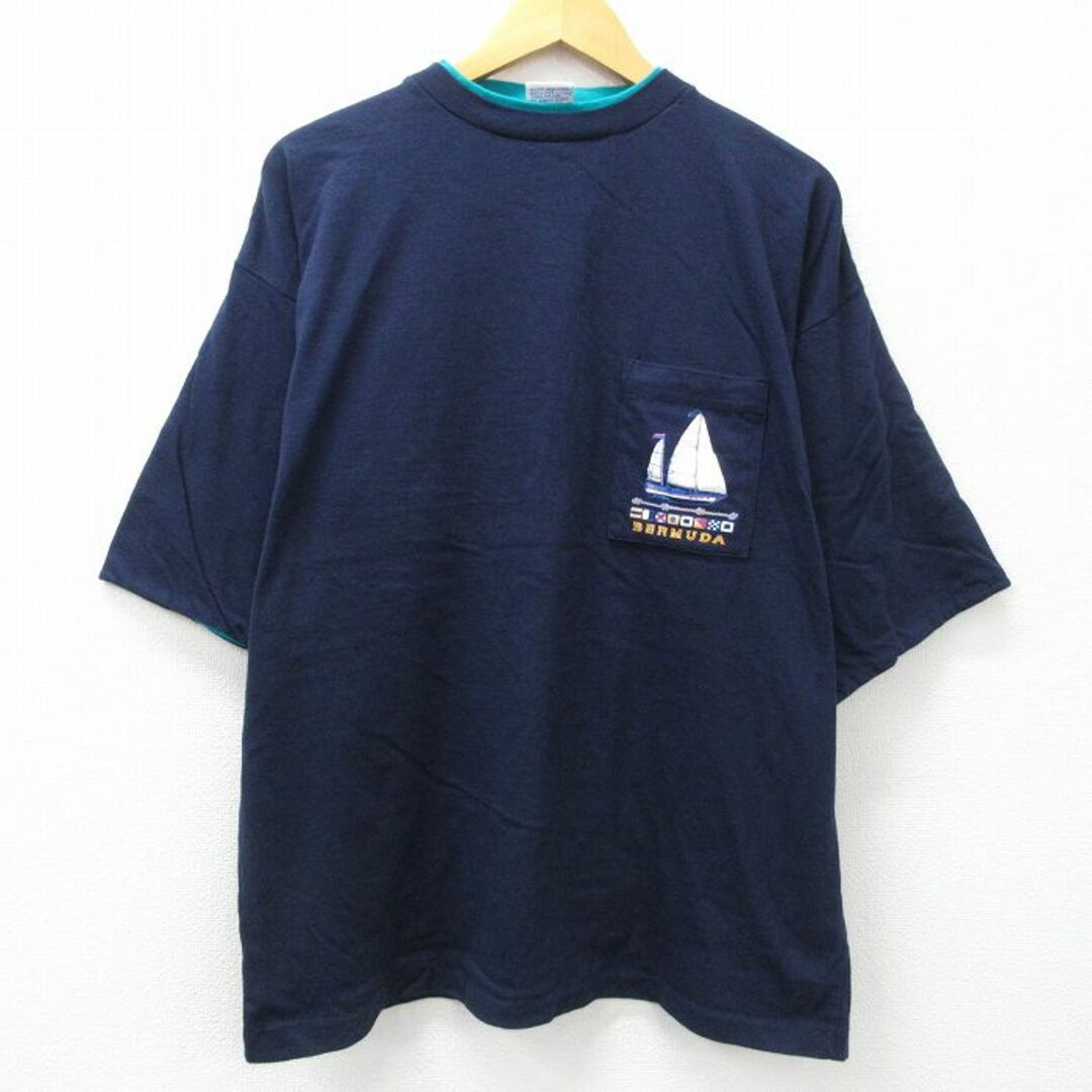 XL★古着 半袖 ビンテージ Tシャツ メンズ 00年代 00s ヨット バミューダ 胸ポケット付き 紺 ネイビー 24may14 中古 メンズのトップス(Tシャツ/カットソー(半袖/袖なし))の商品写真