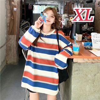 【XL】 オーバーサイズ  長袖 ロングシャツ カットソー 体型カバー夏 秋冬(Tシャツ(長袖/七分))