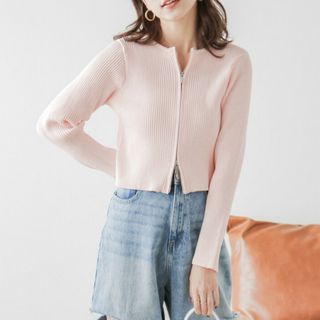 ZARA - ダブルジップ リブ カーディガン クロップド ショート丈 トップス ニット Wジ