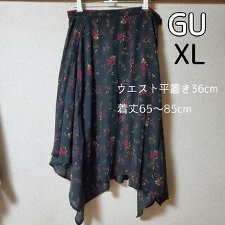 ジーユー(GU)の美品 GU アシンメトリー 花柄スカート XL 黒(ひざ丈スカート)