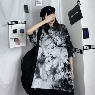 【残りわずか】半袖 タイダイ モチーフ ロング丈 レディース 韓国 ワンピ XL(Tシャツ(半袖/袖なし))