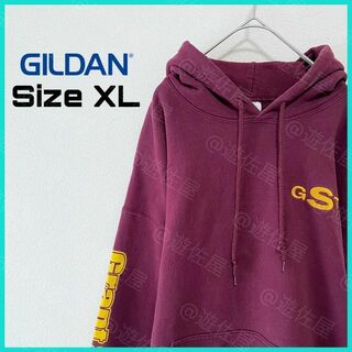 ギルダン パーカー インポート古着 XL GST 企業ロゴ 赤a58(パーカー)