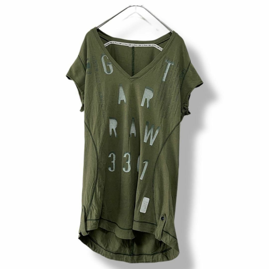 G-STAR RAW(ジースター)のジースターロウ Tシャツ Vネック 古着 刺繍ロゴ プリント カーキ 緑b31 メンズのトップス(Tシャツ/カットソー(半袖/袖なし))の商品写真