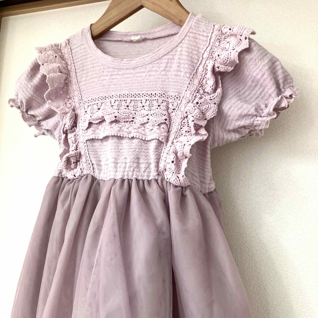 最終価格　未使用　フリルレースワンピース　ラベンダー×ピンク キッズ/ベビー/マタニティのキッズ服女の子用(90cm~)(ワンピース)の商品写真