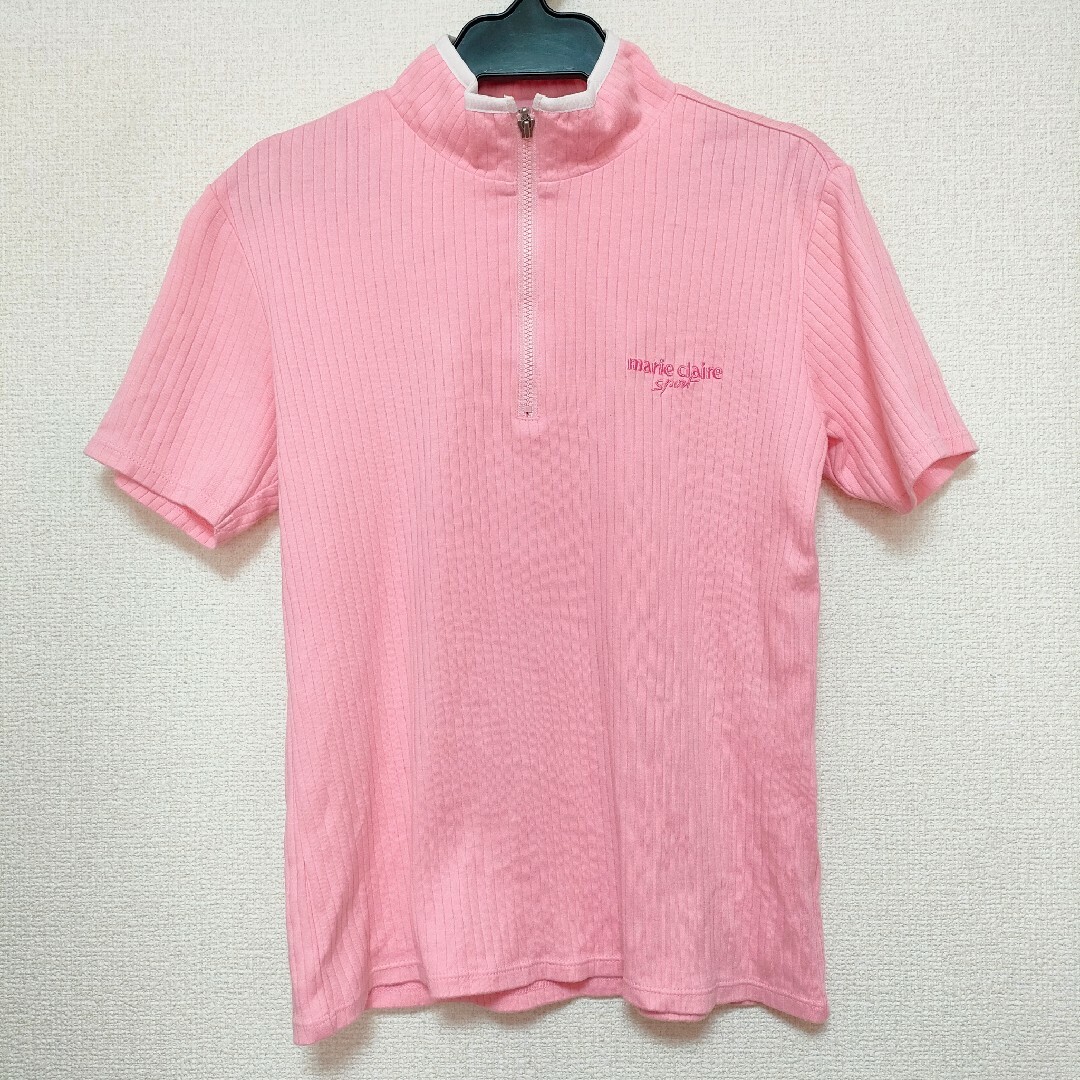 Marie Claire(マリクレール)のマリクレール スポーツ ハーフジップ リブトップス ゴルフ ピンク 半袖 y2k レディースのトップス(Tシャツ(半袖/袖なし))の商品写真