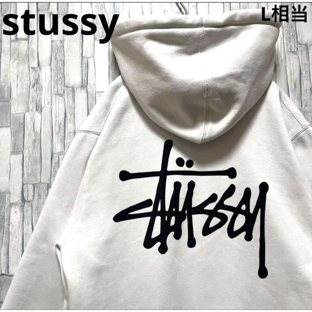 STUSSY(ステューシー)のステューシー プルオーバー パーカー ホワイト ショーンフォント M 裏起毛 メンズのトップス(パーカー)の商品写真