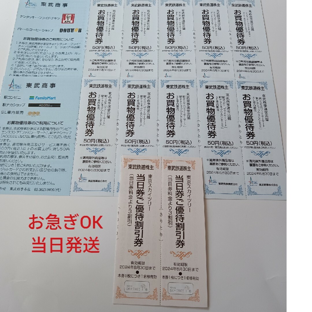 東京スカイツリー当日券3割引×2枚、お買い物優待券×10枚 チケットの施設利用券(遊園地/テーマパーク)の商品写真