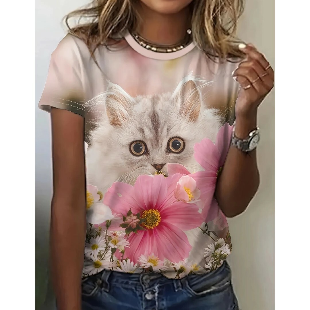 大きいサイズ レディース 半袖 Tシャツ ねこ オーバーサイズ XL 3L 4L レディースのトップス(Tシャツ(半袖/袖なし))の商品写真