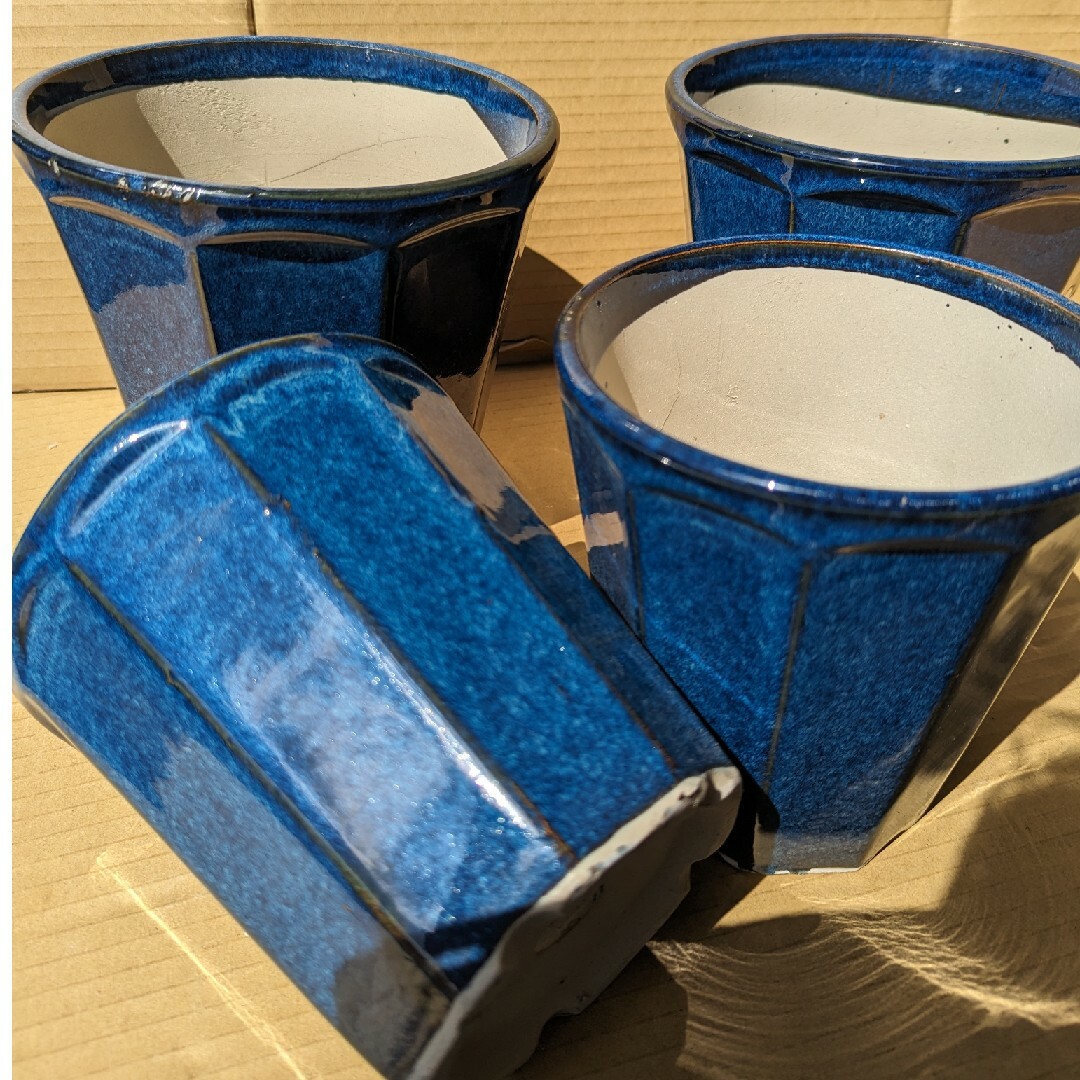 青い釉薬が美しい陶器鉢　4点セット ハンドメイドのフラワー/ガーデン(プランター)の商品写真