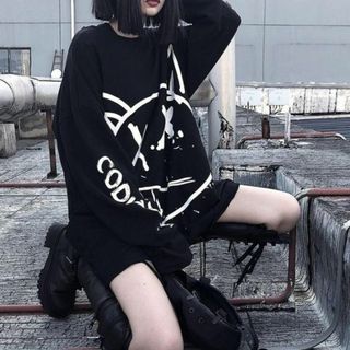 ストリート ロンT ビッグシルエット  ロングスリーブ Tシャツ 長袖 ブラック(Tシャツ(半袖/袖なし))