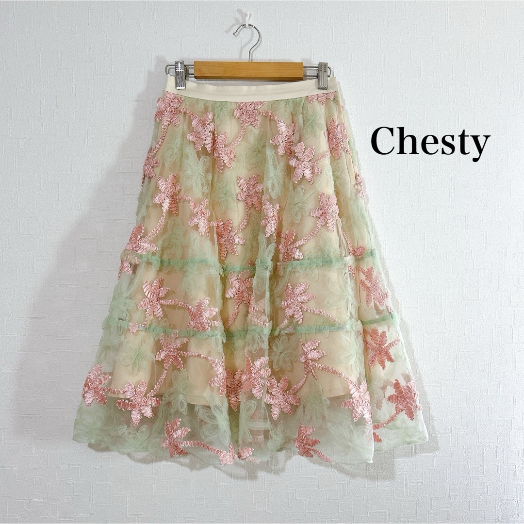 Chesty(チェスティ)のChesty チェスティ 花柄 リボン チュールスカート フェミニン ピンク 緑 レディースのスカート(ひざ丈スカート)の商品写真