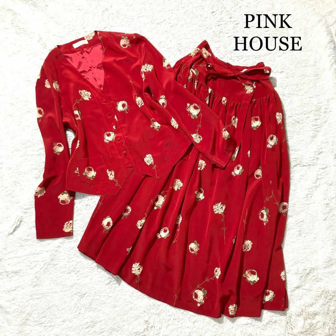 PINK HOUSE(ピンクハウス)の【美品】PINK HOUSE セットアップ ツーピース 長袖 赤 花柄 ローズ レディースのワンピース(その他)の商品写真