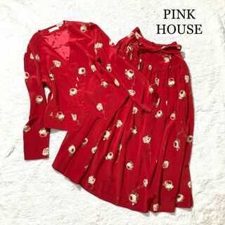 ピンクハウス(PINK HOUSE)の【美品】PINK HOUSE セットアップ ツーピース 長袖 赤 花柄 ローズ(その他)