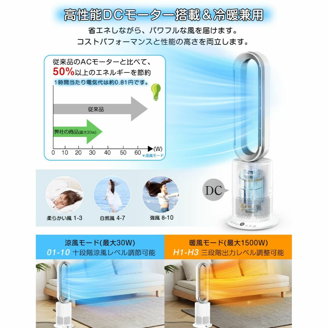 タワーファン 温風 冷風 羽なしファン 十段階涼風 冷暖兼用 羽なし扇風機 空気 スマホ/家電/カメラの冷暖房/空調(その他)の商品写真