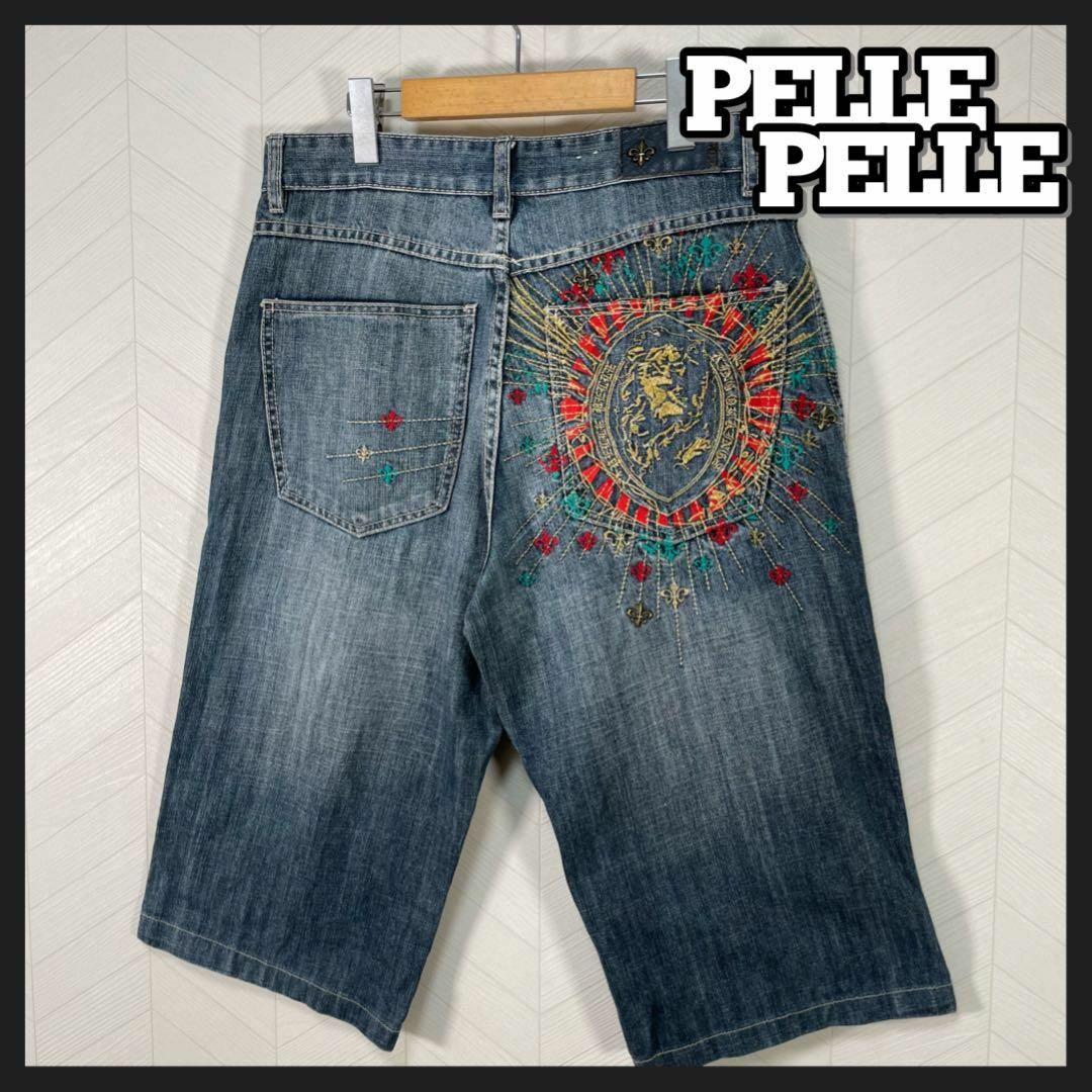 PELLE BORSA(ペレボルサ)のPELLE PELLE ハーフパンツ デニム 刺繍 百合の紋章 真鍮 ワイド メンズのパンツ(ショートパンツ)の商品写真
