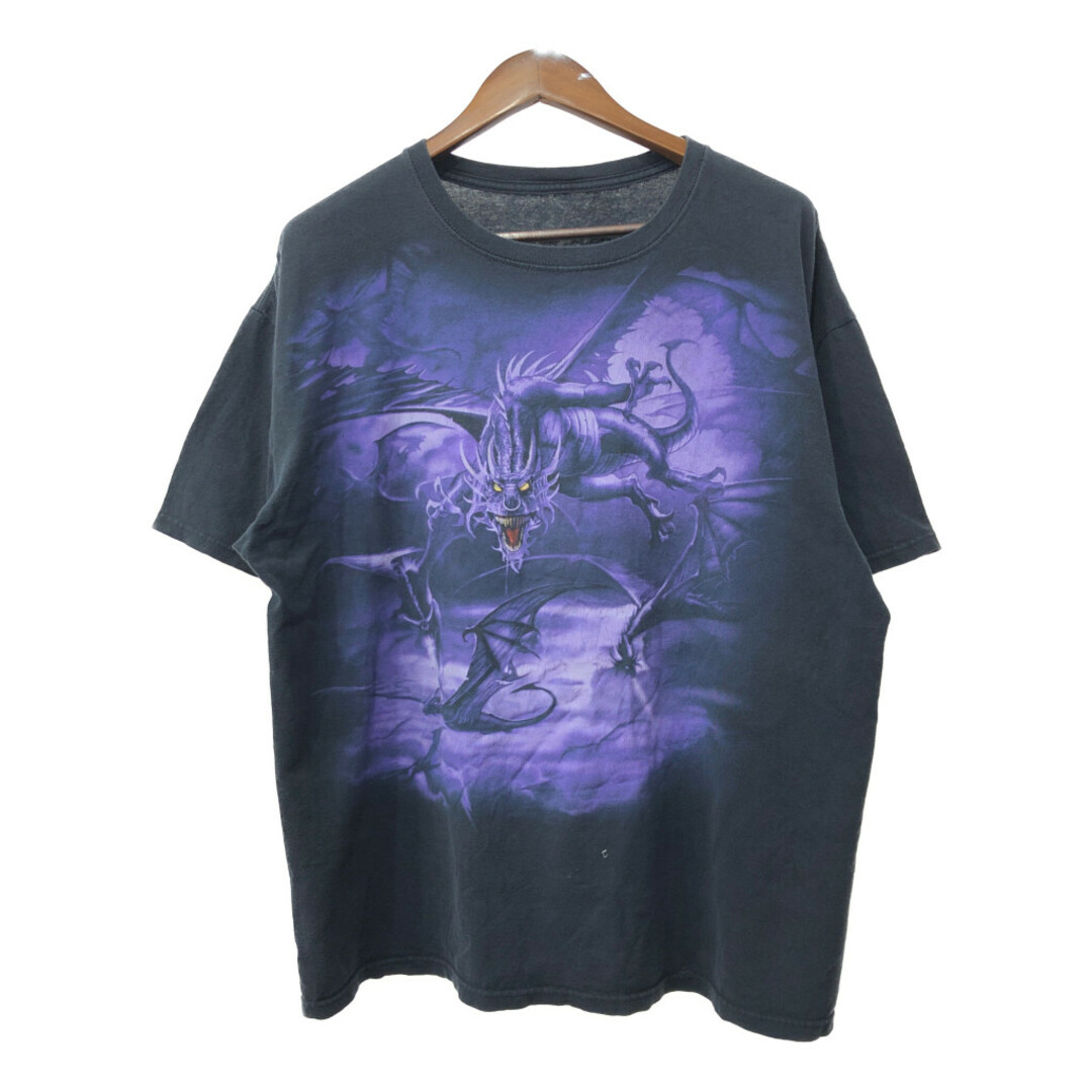 00年代 LIQUID BLUE リキッドブルー ドラゴン 半袖Ｔシャツ 大判プリント ブラック (メンズ L相当) 中古 古着 Q6516 メンズのトップス(Tシャツ/カットソー(半袖/袖なし))の商品写真