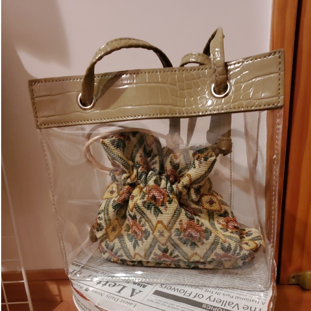 クリアバッグ ゴブラン織り巾着 ショルダーバッグ ハンドバッグ レディースのバッグ(ショルダーバッグ)の商品写真