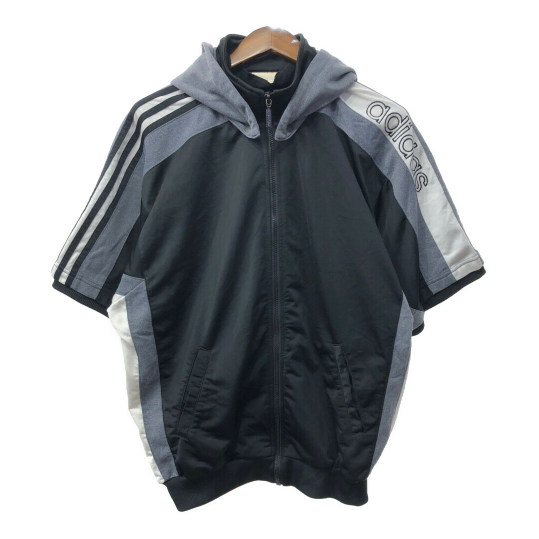 adidas(アディダス)の90年代 adidas アディダス フーデッド 半袖 ジャージ トラックジャケット スポーツ ブラック (メンズ F180) 中古 古着 Q6518 メンズのジャケット/アウター(その他)の商品写真