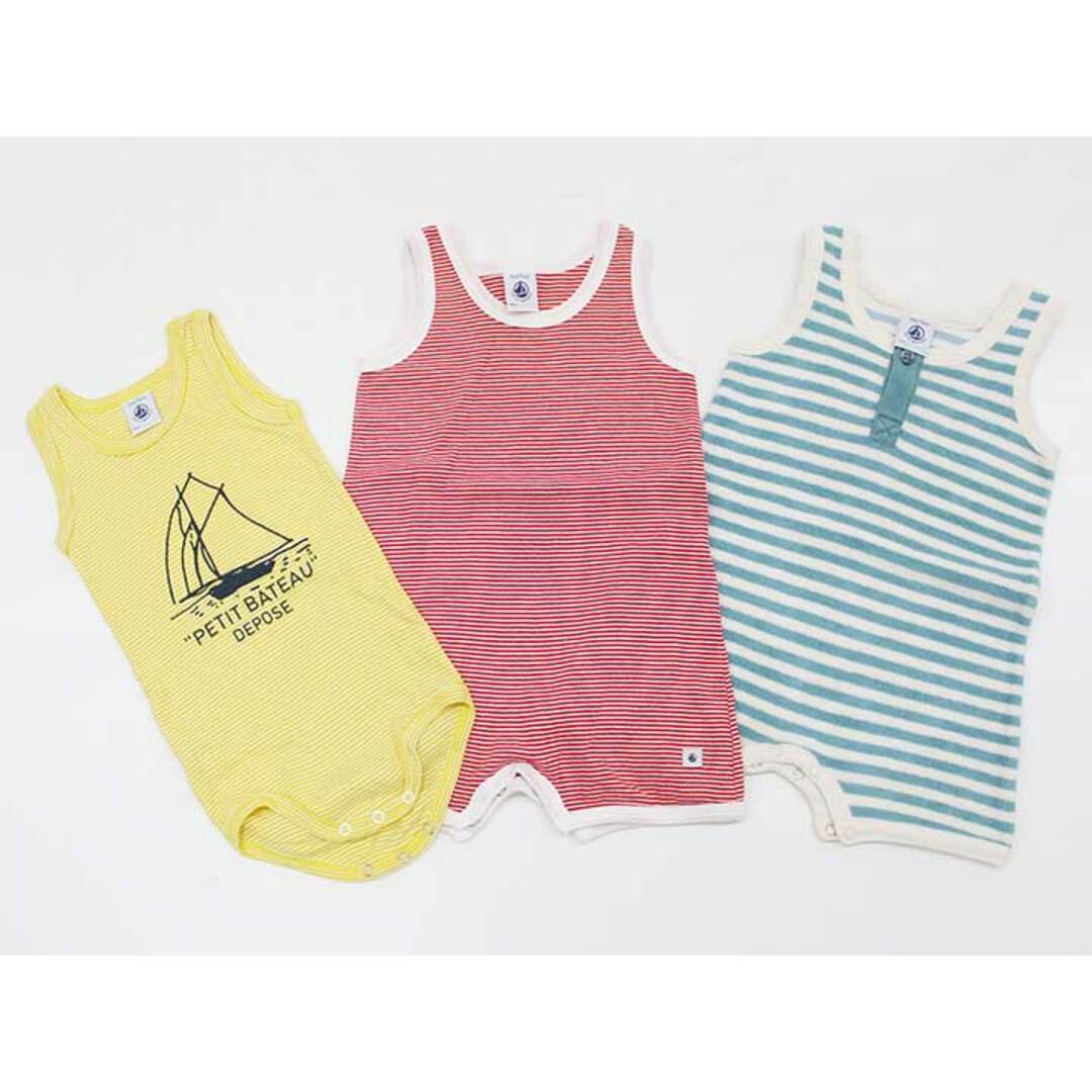 PETIT BATEAU(プチバトー)の【夏物 新入荷!】＜プチバトー/PETIT BATEAU＞74cm ノースリーブカバーオール/ロンパース3点set 黄色＆ブルー＆赤【中古】【ネット限定】子供服 キッズ kids 男の子 夏 tops 905042 キッズ/ベビー/マタニティのベビー服(~85cm)(カバーオール)の商品写真