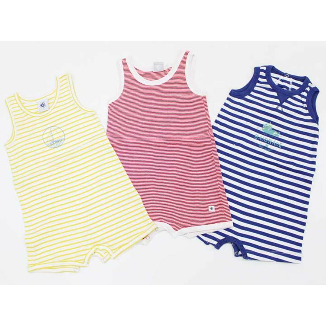 PETIT BATEAU(プチバトー)の【夏物 新入荷!】＜プチバトー/PETIT BATEAU＞74cm ノースリーブカバーオール/ロンパース3点set 黄色＆ブルー＆赤【中古】【ネット限定】子供服 キッズ kids 男の子 夏 tops 905042 キッズ/ベビー/マタニティのベビー服(~85cm)(カバーオール)の商品写真