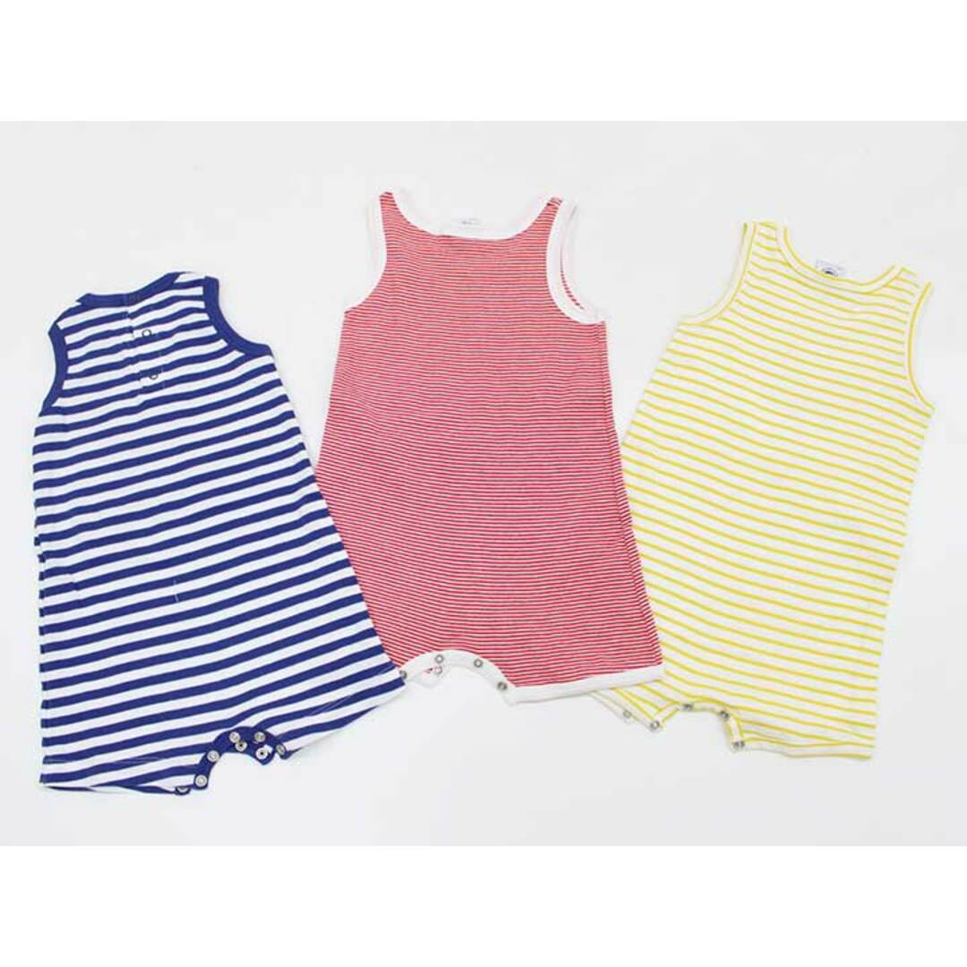 PETIT BATEAU(プチバトー)の【夏物 新入荷!】＜プチバトー/PETIT BATEAU＞74cm ノースリーブカバーオール/ロンパース3点set 黄色＆ブルー＆赤【中古】【ネット限定】子供服 キッズ kids 男の子 夏 tops 905042 キッズ/ベビー/マタニティのベビー服(~85cm)(カバーオール)の商品写真