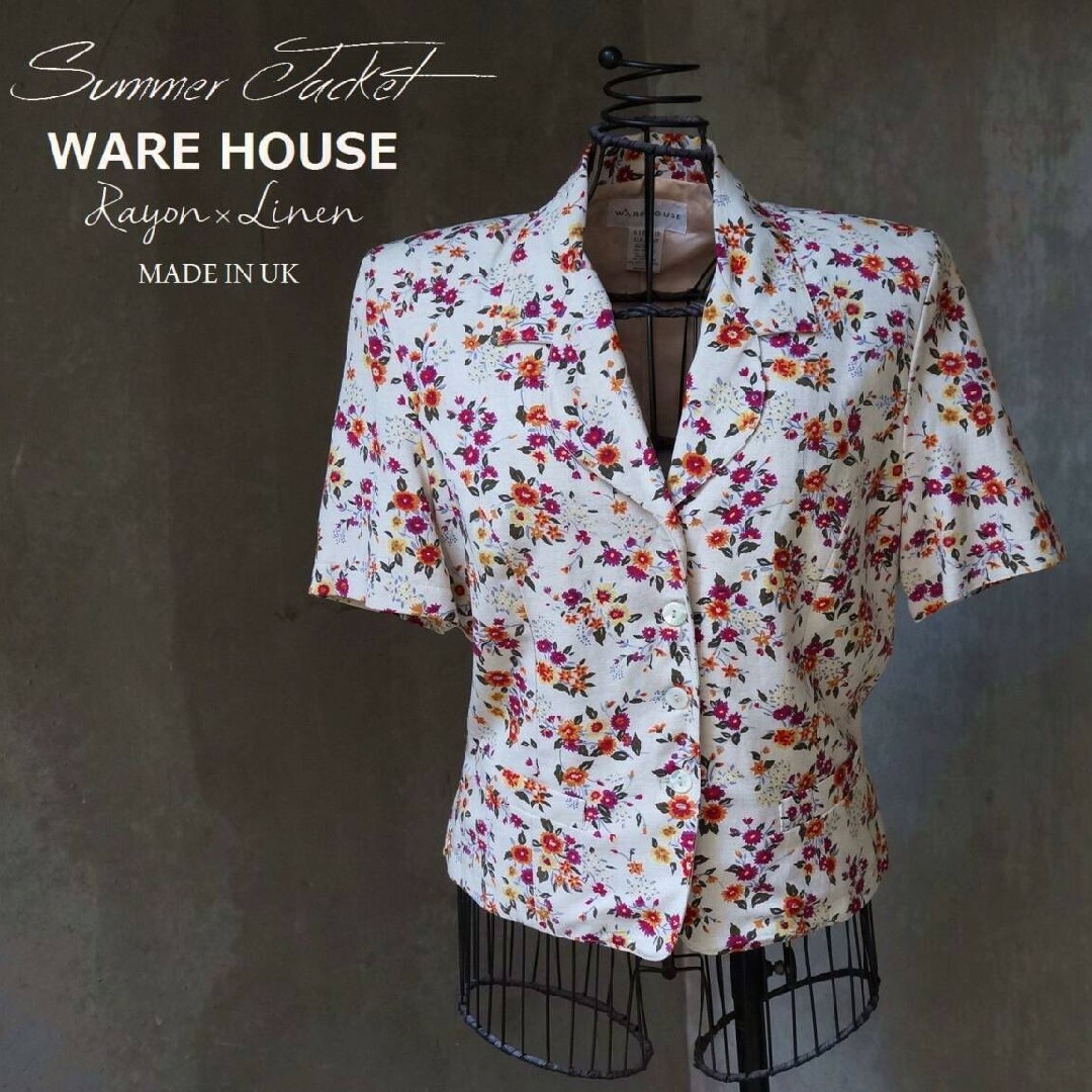 WAREHOUSE(ウエアハウス)の80s 英国製 WAREHOUSE 花柄 レーヨン×麻 半袖 サマージャケット レディースのジャケット/アウター(テーラードジャケット)の商品写真