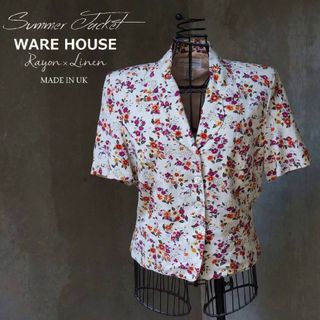 ウエアハウス(WAREHOUSE)の80s 英国製 WAREHOUSE 花柄 レーヨン×麻 半袖 サマージャケット(テーラードジャケット)