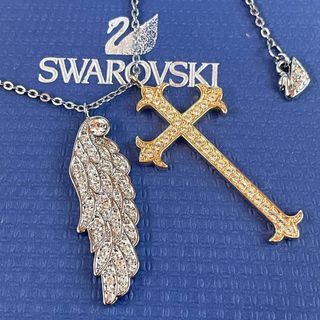 スワロフスキー(SWAROVSKI)の【未使用】 スワロフスキー ネックレス 十字架 フェザー ラインストーン 白鳥(ネックレス)