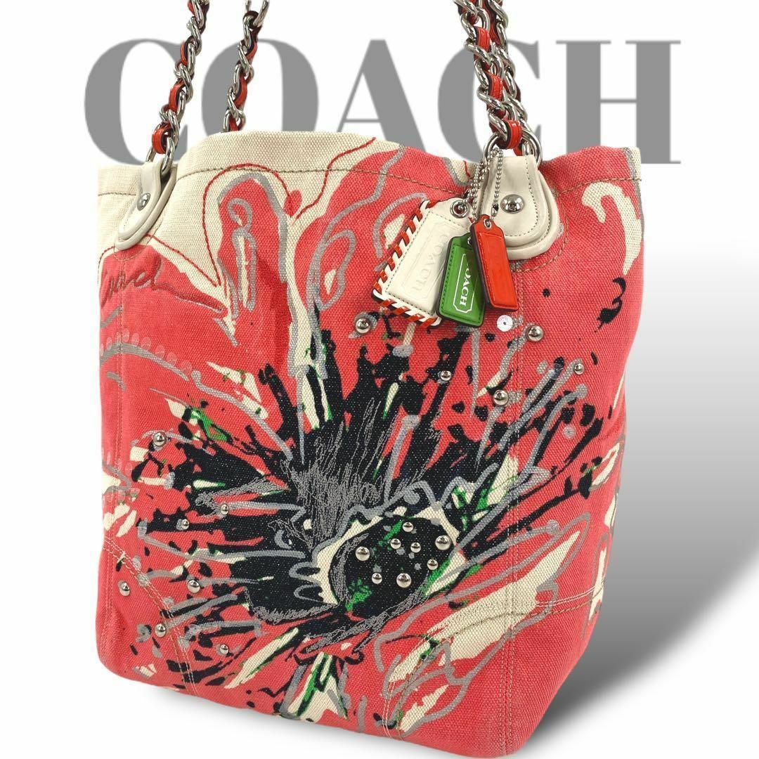 COACH(コーチ)のコーチ　キャンバストートバッグ　チェーンショルダー　フラワー　花　スタッズ レディースのバッグ(トートバッグ)の商品写真