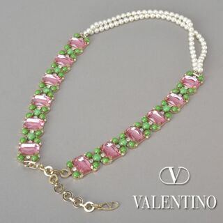 美品◇ヴァレンティノ カラーストーン チェーン ベルト ピンク 緑石 パール
