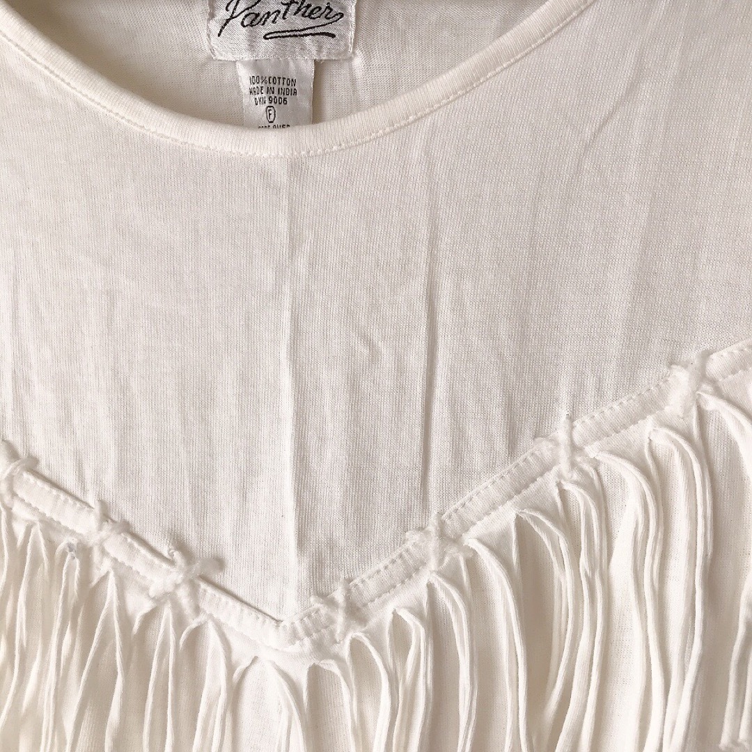 ワンピース チュニック Tシャツ フリンジ 半袖 白　綿100% F レディースのトップス(チュニック)の商品写真