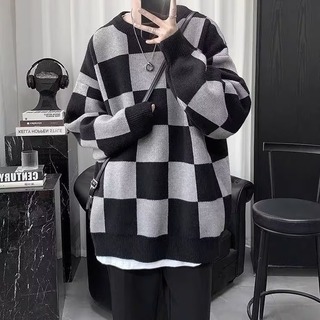 セーター　メンズ　ブラック　黒　モノクロ　チェック柄　ニットセーター　２ＸＬ　(ニット/セーター)