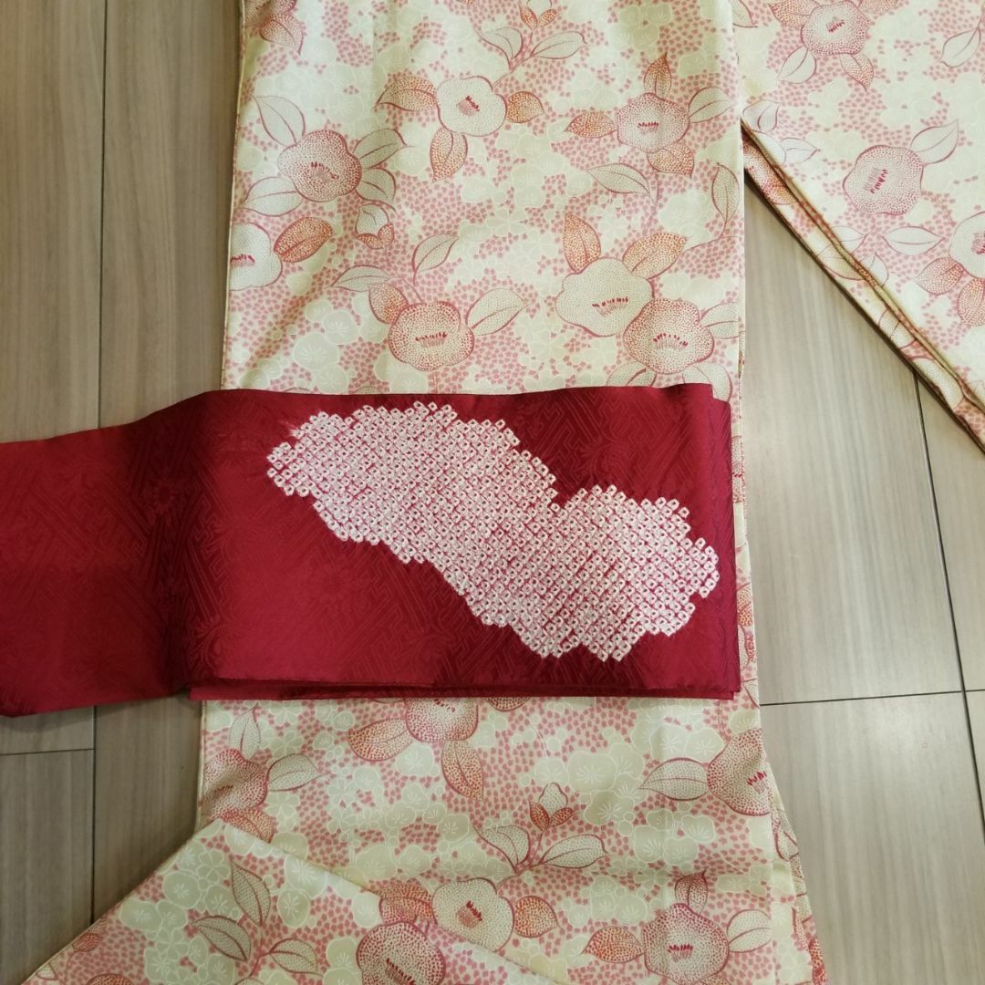 【美品】ピンクの単衣と絞りの名古屋帯のセット(No.148) レディースの水着/浴衣(着物)の商品写真