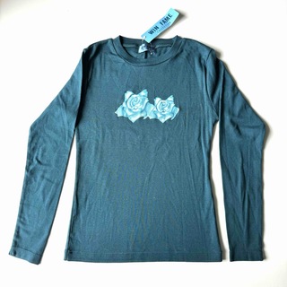 ● 日本製 綿100% ブルー ローズ 薔薇 長袖 Tシャツ ブルーグリーン ●(Tシャツ(長袖/七分))