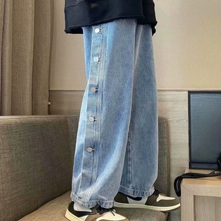 【お洒落】メンズ パンツ ジーンズ ブルー 飾りボタン ストレート 韓国 XL(デニム/ジーンズ)