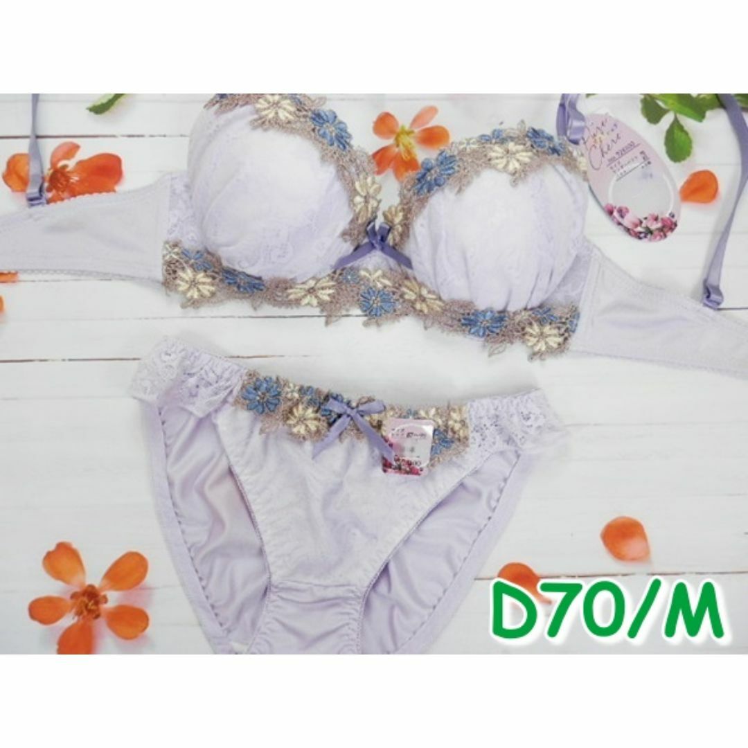 NK04★D70 M★ブラショーツセット 花レース刺繍 薄紫 レディースの下着/アンダーウェア(ブラ&ショーツセット)の商品写真