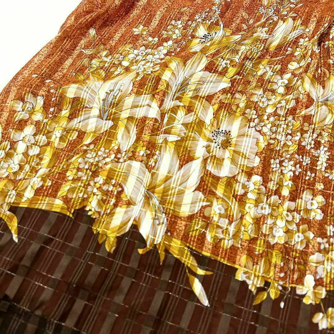 半袖ワンピース 花柄 チェック オレンジ ブラウン ラメ ベルト 11号 レディースのワンピース(ロングワンピース/マキシワンピース)の商品写真