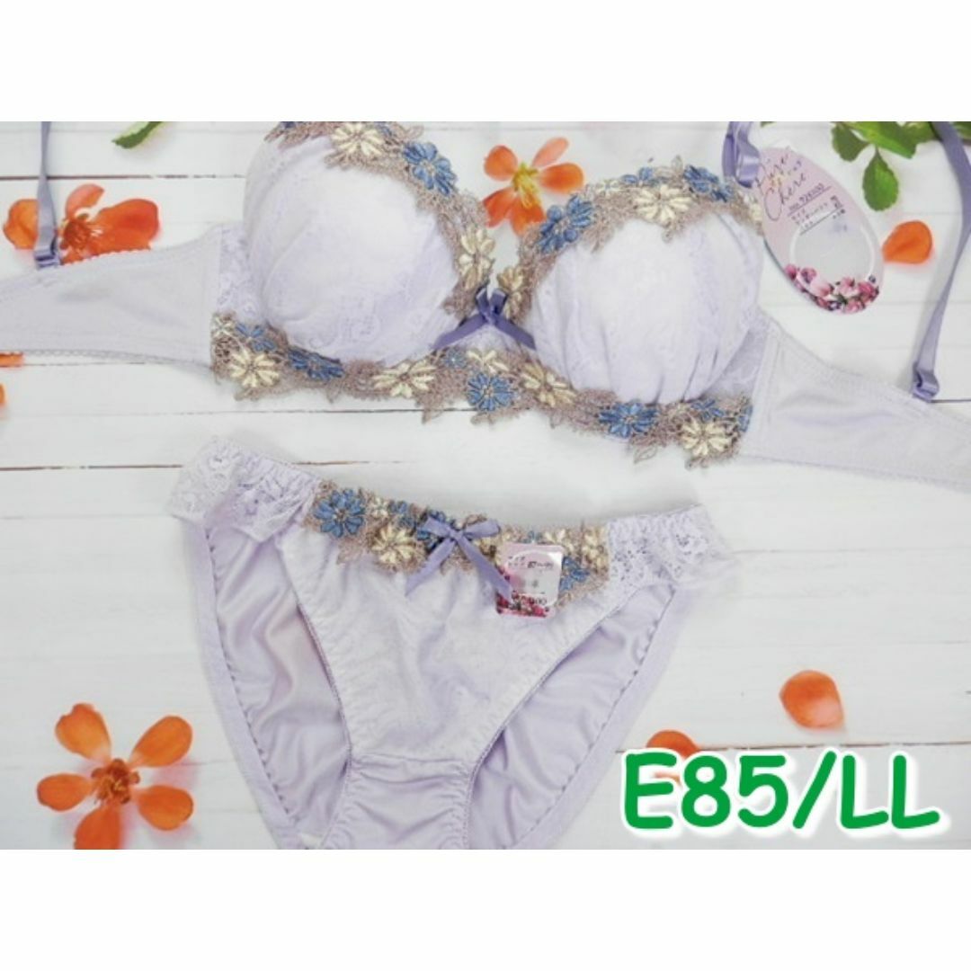 NK04★E85 LL★ブラショーツセット 花レース刺繍 薄紫 レディースの下着/アンダーウェア(ブラ&ショーツセット)の商品写真