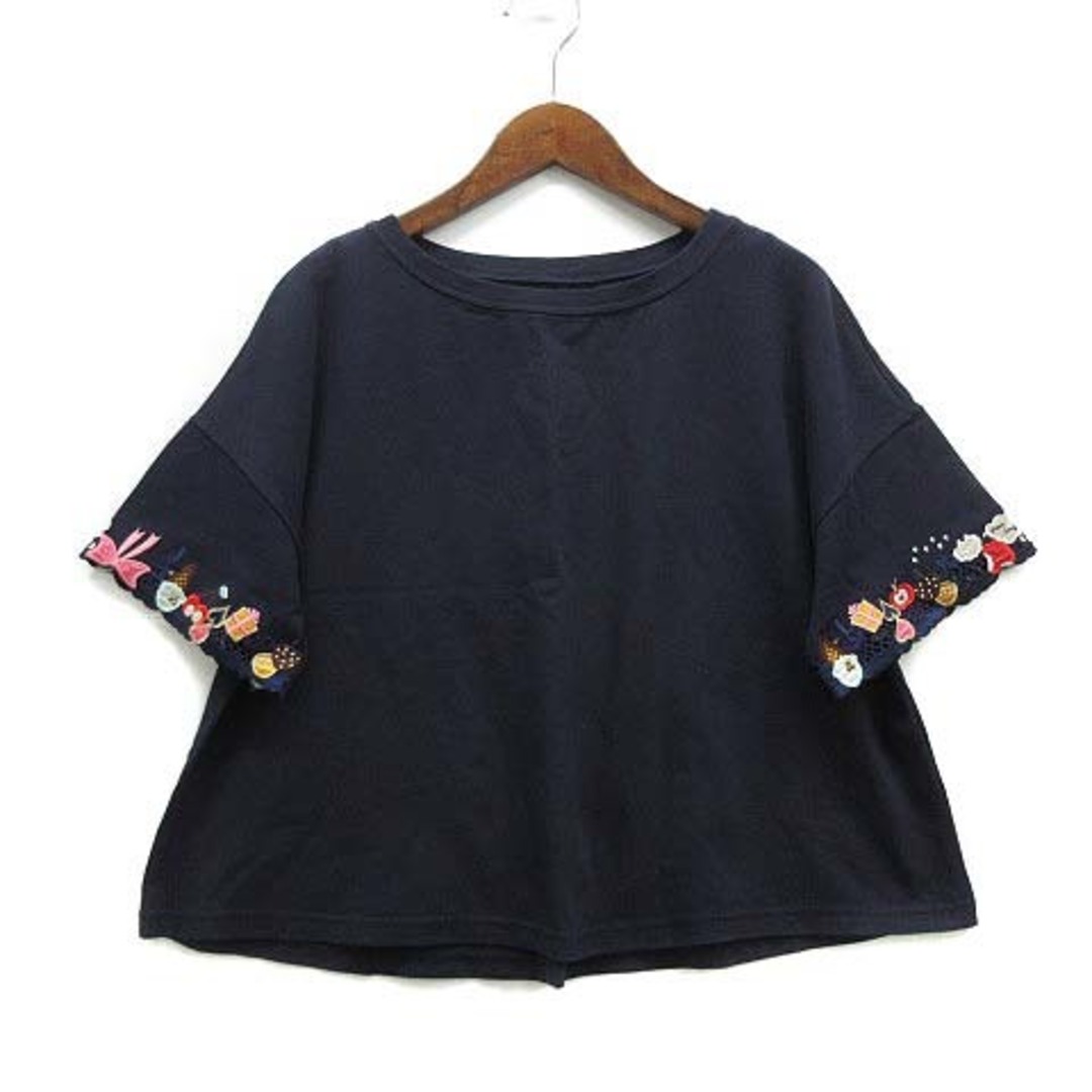 franche lippee(フランシュリッペ)のフランシュリッペ レース 刺繍 Tシャツ カットソー 半袖 ネイビー 紺 M レディースのトップス(Tシャツ(半袖/袖なし))の商品写真