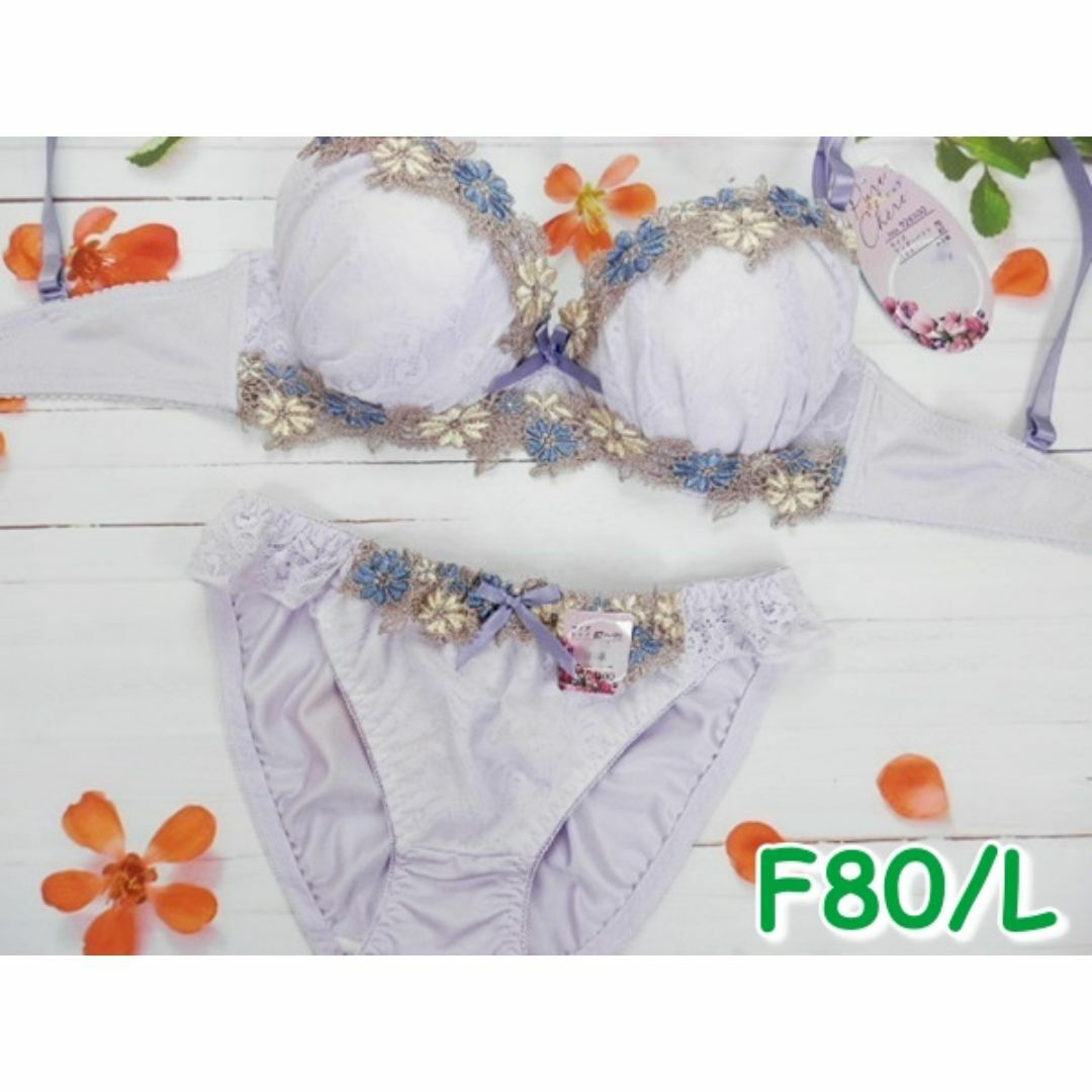 NK04★F80 L★ブラショーツセット 花レース刺繍 薄紫 レディースの下着/アンダーウェア(ブラ&ショーツセット)の商品写真