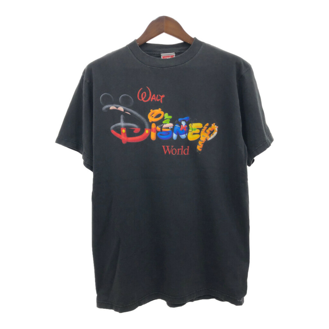 Disney(ディズニー)の00年代 Disney ディズニー MICKEY INK 半袖Ｔシャツ ロゴ ブラック (メンズ XL相当) 中古 古着 Q6593 メンズのトップス(Tシャツ/カットソー(半袖/袖なし))の商品写真