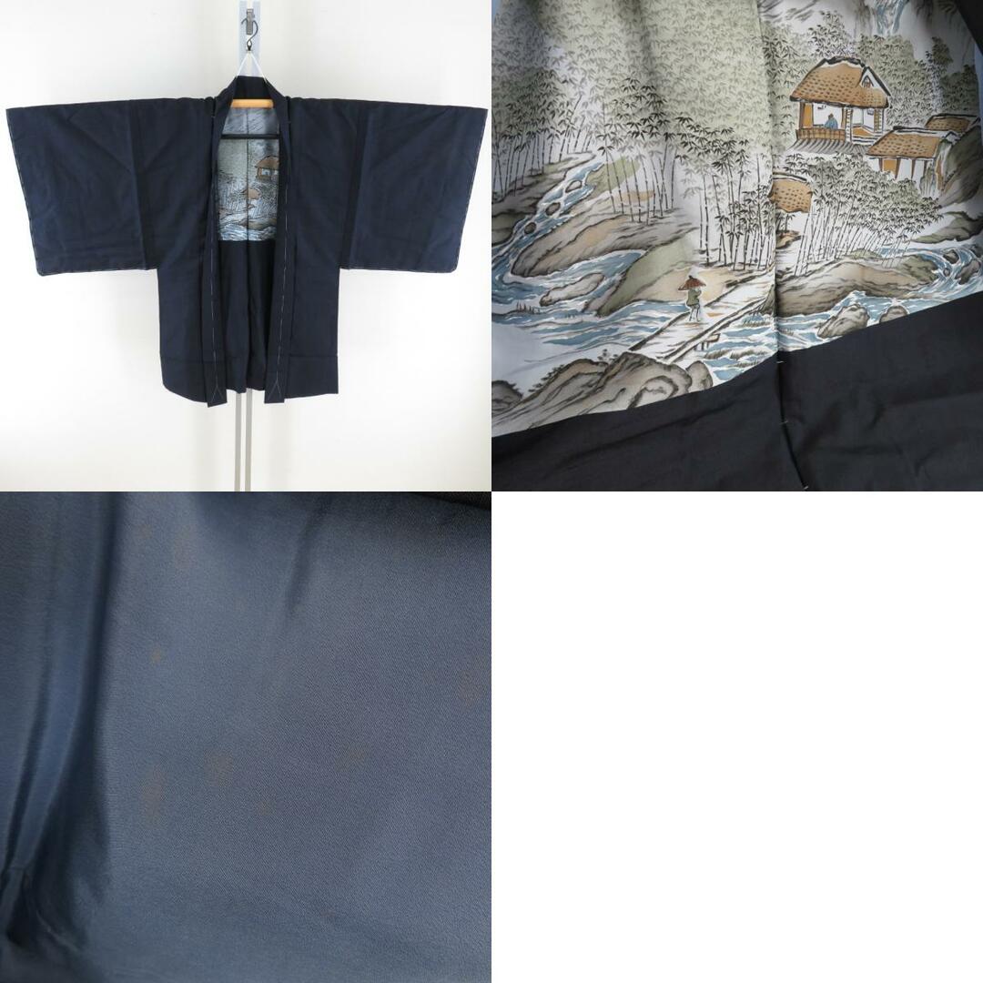 男着物 紬 アンサンブル 袷 黒紺色 正絹 男性用きもの メンズ 仕立て上がり 和服 男物 カジュアル 身丈145cm メンズの水着/浴衣(着物)の商品写真