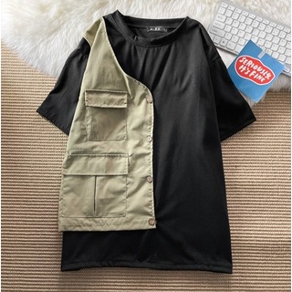 【新品】 Tシャツ ベストデザイン カジュアル  ブラック L (Tシャツ/カットソー(半袖/袖なし))