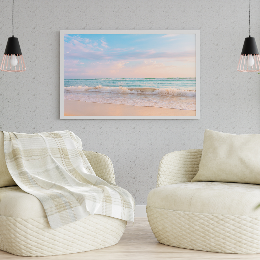 平和なビーチの朝  柔らかい色調の海辺のアート インテリアポスター 海外アート ハンドメイドのインテリア/家具(アート/写真)の商品写真
