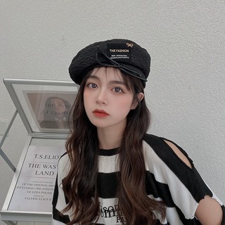 【ラスト１点】 リボン ベレー帽 レディース ブラック ワンポイント 韓国(ハンチング/ベレー帽)