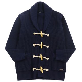 バーバリーブラックレーベル(BURBERRY BLACK LABEL)の極美品●BURBERRY BLACK LABEL バーバリーブラックレーベル ロゴプレート付き ショールカラー ニットダッフルジャケット カーディガン ネイビー 3 正規品 メンズ(カーディガン)